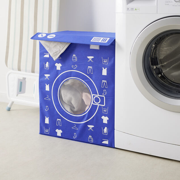 Panière de rangement à linge décor machine à laver bleu 44x35x55cm