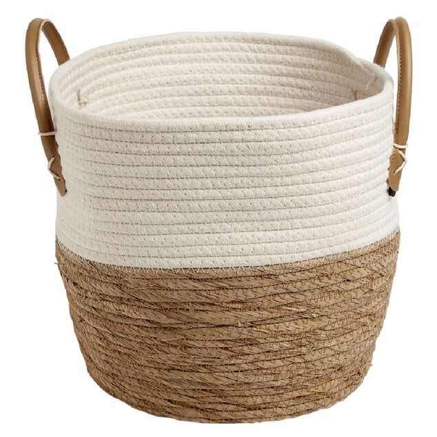 Pani&egrave;re tress&eacute;e coton beige et jacynthe avec poign&eacute;es &Oslash;30xH28cm