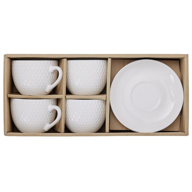 Tasse embossée avec sous-tasse faïence blanc x4