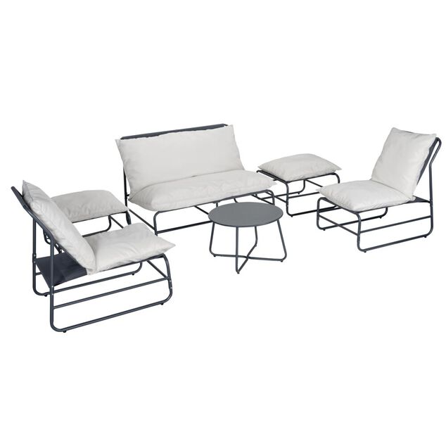 Salon de jardin Oslow 6 personnes acier et textil&egrave;ne gris fonc&eacute; et blanc