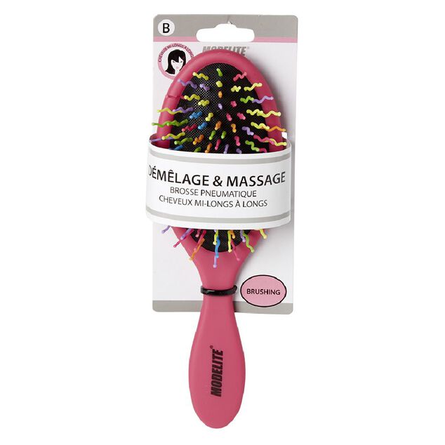 Brosse pneumatique ovale picots perlés pvc multicolore fuchsia