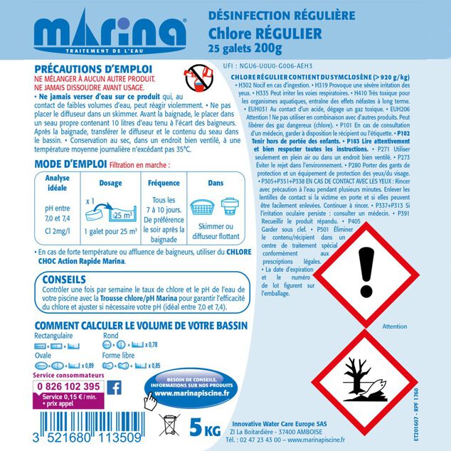 Chlore r&eacute;gulier galet 25x200g Marina 5kg