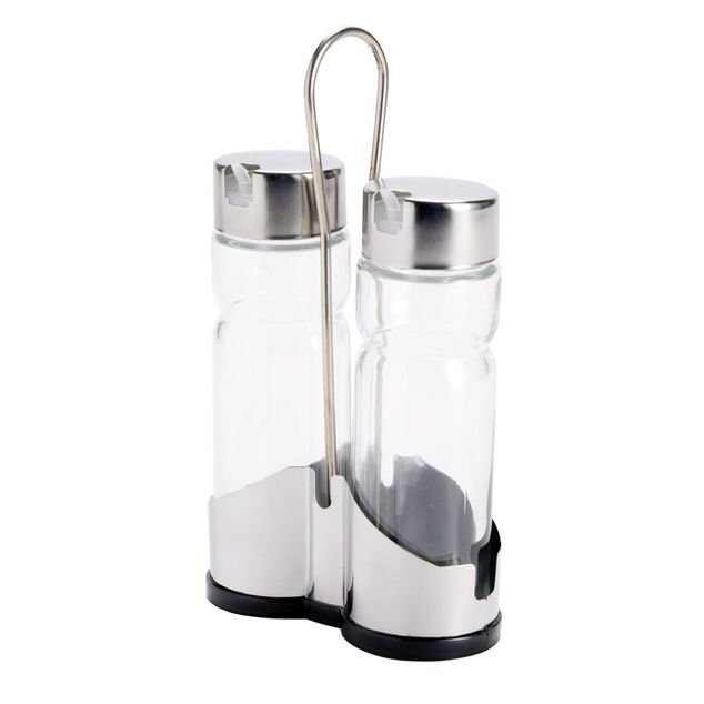 Huilier et vinaigrier en verre avec support m&eacute;tallique 11,5x5,5xH19,5cm