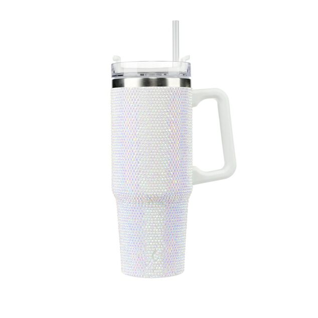 Mug isotherme inox 900ml avec paille plastique gris strass H26cm