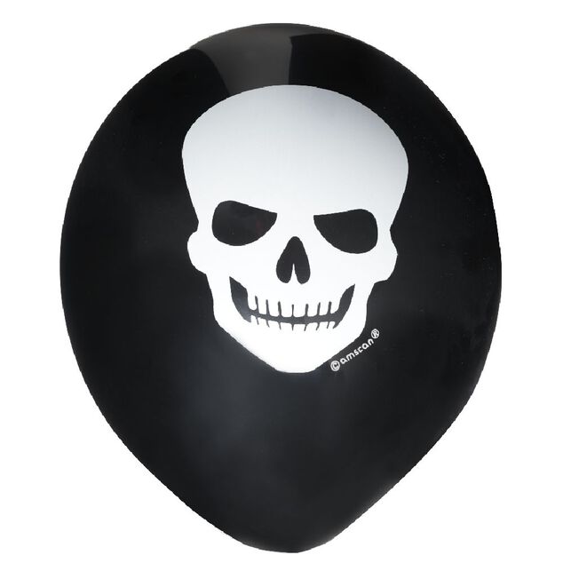 Ballon gonflable latex noir imprim&eacute; t&ecirc;te de mort blanc x6