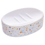 Porte-savon c&eacute;ramique motif terrazzo blanc et bleu 13x8,5xH3cm