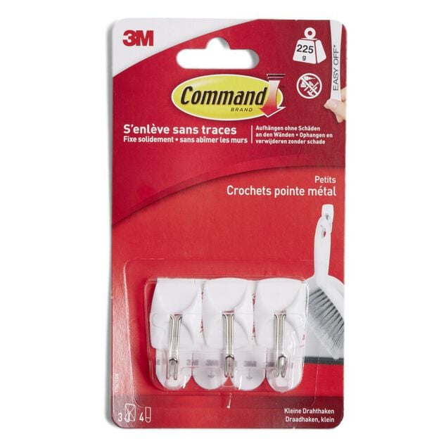 Lot de 3 crochets adh&eacute;sifs 3M plastique blanc pointe m&eacute;tal