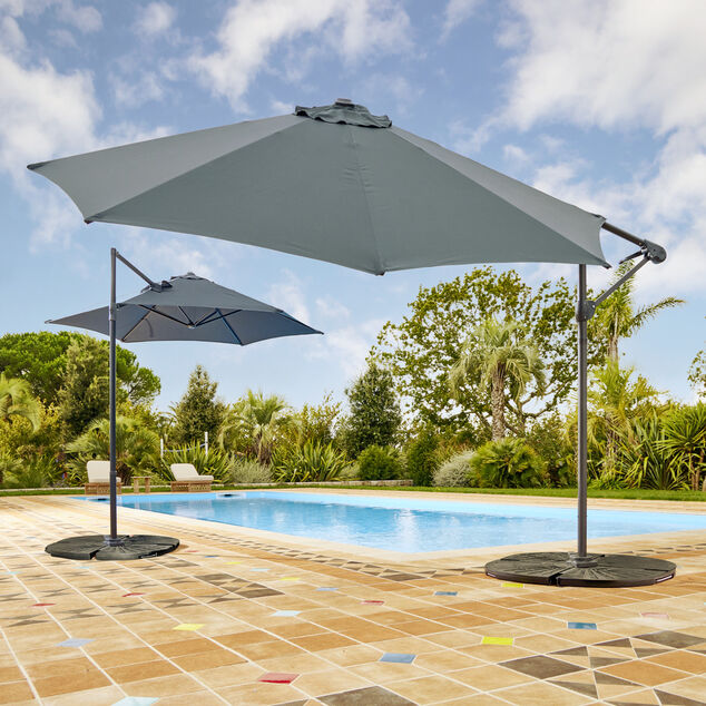 Parasol d&eacute;port&eacute; rond Noa toile orientable gris UPF50+ &Oslash;300xH235cm