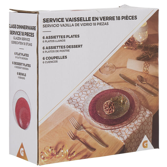Service vaisselle rond en verre rouge transparent 18 pi&egrave;ces
