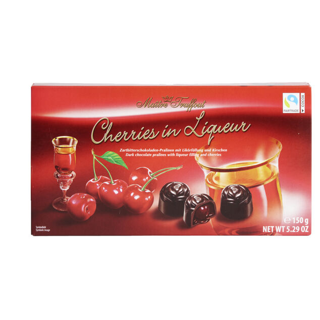 Chocolats noir fourr&eacute;s de liqueur et cerises 150Gr