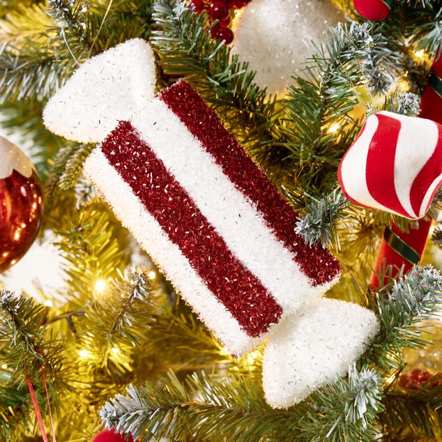 Bonbon de No&euml;l g&eacute;ant brillant rouge et blanc &agrave; suspendre L25cm (2 mod&egrave;les)