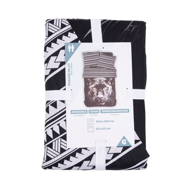 Parure de lit 2 personnes 240x220cm coton motif panthère noir et blanc