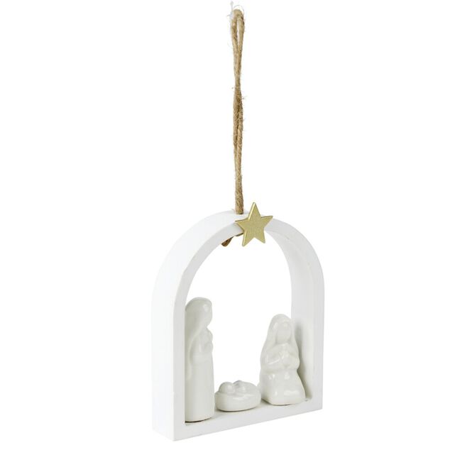 Scène nativité suspension crèche de Noël polyrésine blanche H14cm