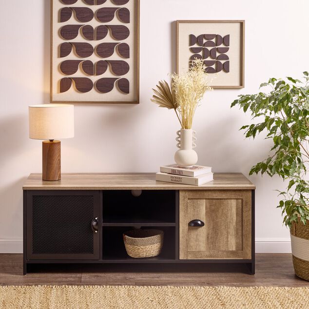 Meuble TV m&eacute;tal et bois Laura 2 portes 118x39xH49cm