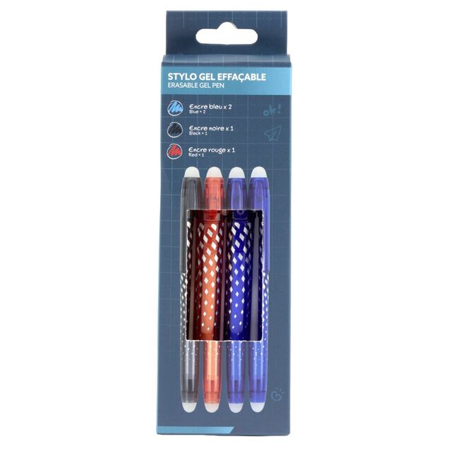 Stylo effa&ccedil;able gel 1 noir 1 rouge 2 bleus L14,5cm