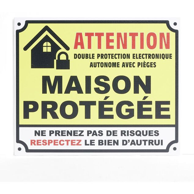 Plaque signalétique  "Attention, maison protégée" - 24x20 cm