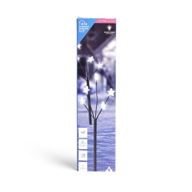 Lot de 2 piques lumineux &agrave; planter 5 tiges &eacute;toile LED blanc froid H38cm