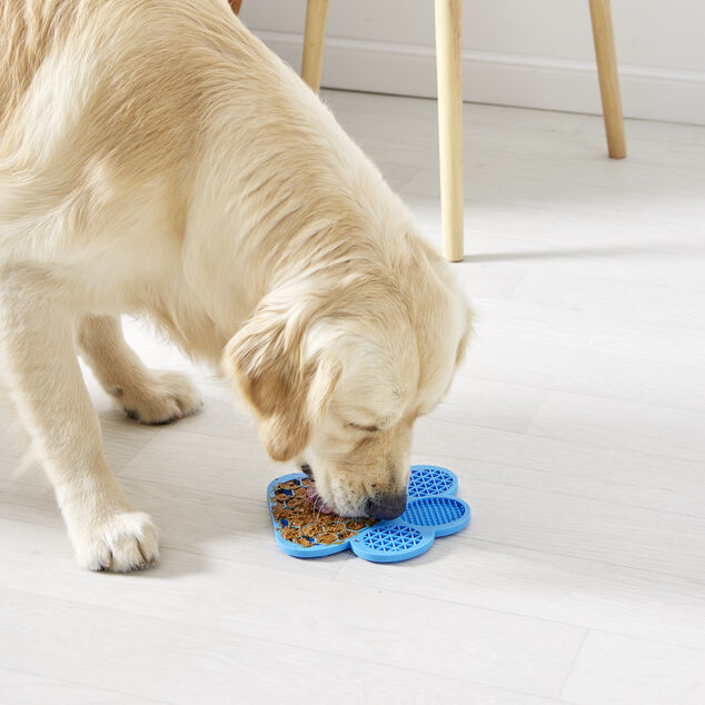 Tapis de l&eacute;chage pour animaux forme patte de chien silicone bleu 18x18cm