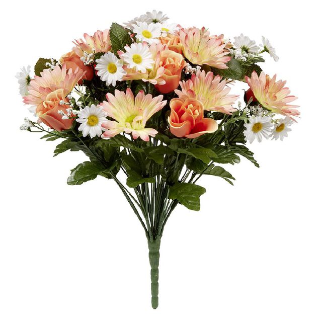 Piquet gerbera+rose bouton+p&acirc;querette+gypsophile corail 36 t&ecirc;tes
