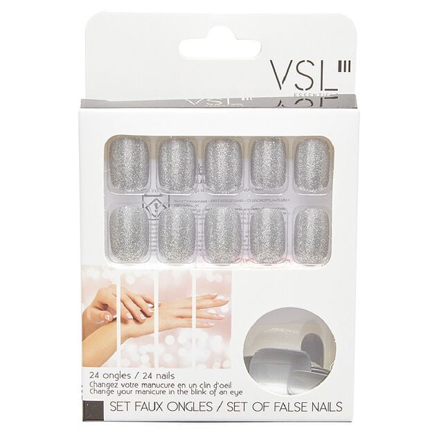 Kit faux ongles paillet&eacute;s argent&eacute;s 24 pi&egrave;ces