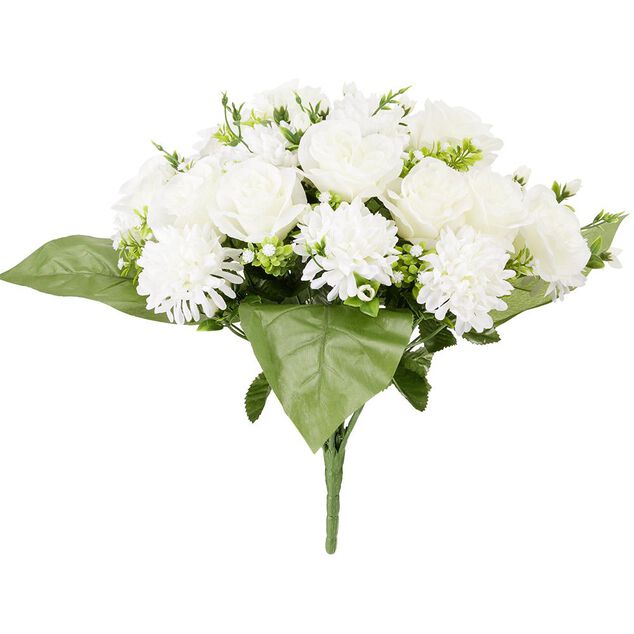 Piquet de rose et chrysanth&egrave;me blanc bouquet fleur artificielle H42cm