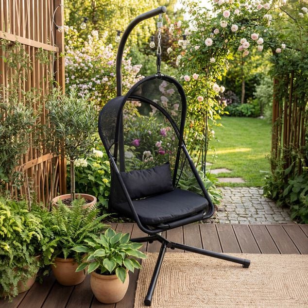 Fauteuil de jardin suspendu acier et tissu noir 115xH195X108cm