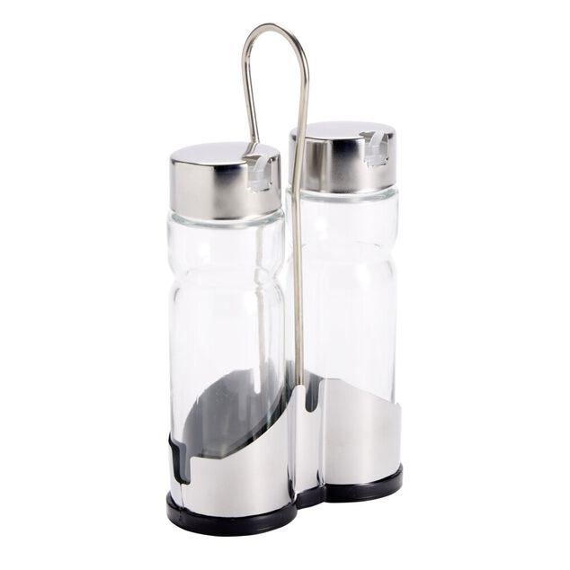 Huilier et vinaigrier en verre avec support m&eacute;tallique 11,5x5,5xH19,5cm
