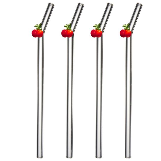 Pailles en verre transparent fantaisie fruit x4 avec goupillon (2 mod&egrave;les)