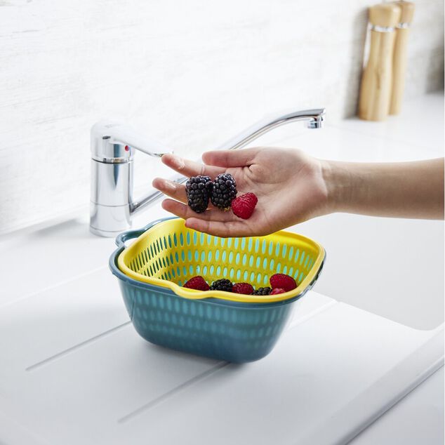 Lot de 3 passoires cuvettes carrées bleues et jaunes