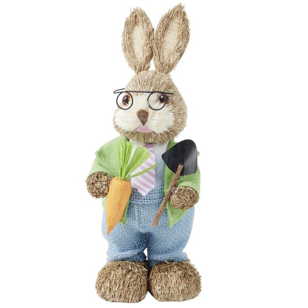 D&eacute;coration &agrave; poser lapin fermier en paille avec accessoires H32cm (2 mod&egrave;les)