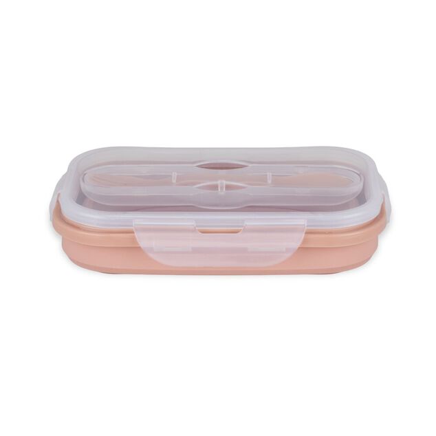 Lunch box r&eacute;tractable 1L avec couverts silicone et plastique rose 12,5x21xH7,5cm