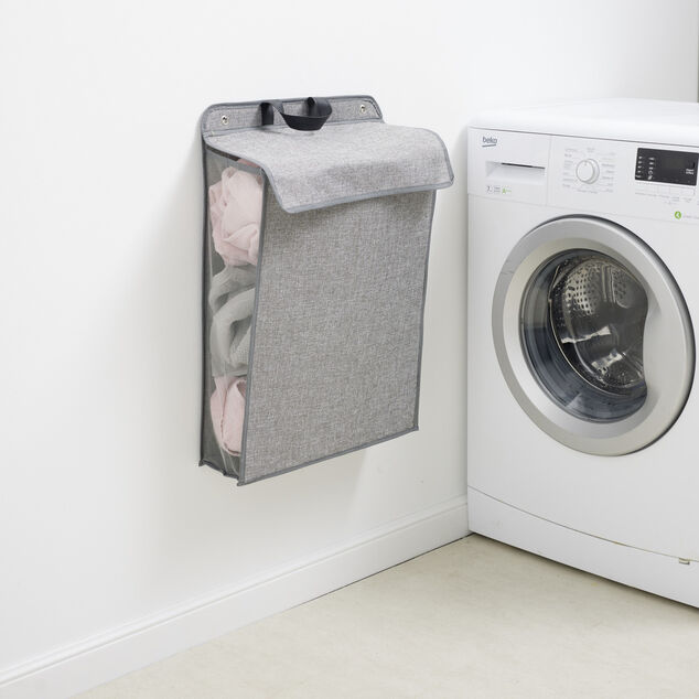 Panier &agrave; linge mural pliant tiss&eacute; gris 40,5x15xH57cm