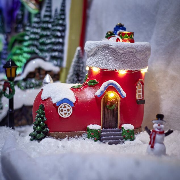 Maison de No&euml;l lumineuse forme botte rouge et blanche polyr&eacute;sine 13x9xH13cm