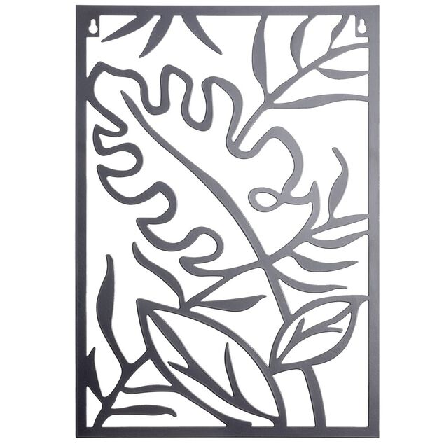 Panneau d&eacute;coratif mural en m&eacute;tal noir motif feuillage 28xH40cm