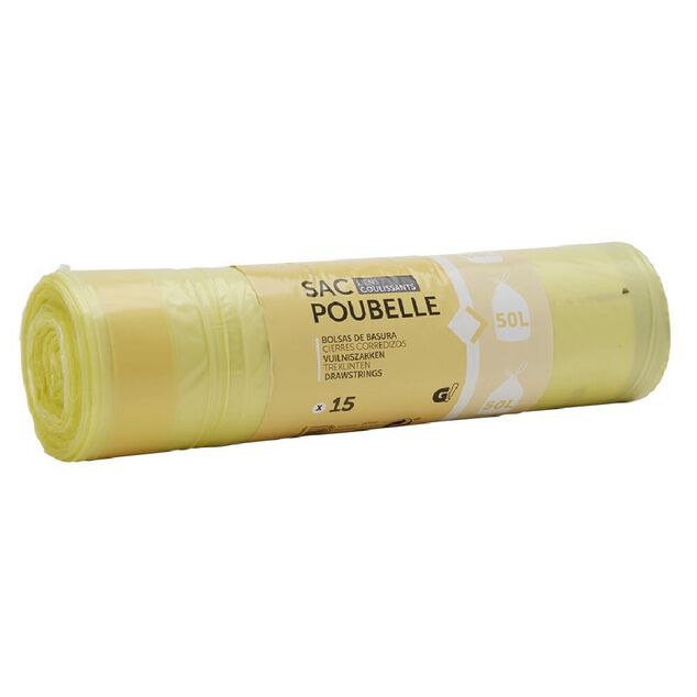 Sac poubelle 50 litres &agrave; lien coulissant jaune transparent x15