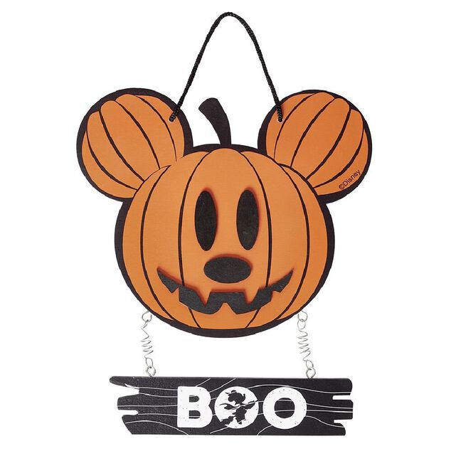 Suspension bois Disney inscription BOO t&ecirc;te Mickey citrouille orange