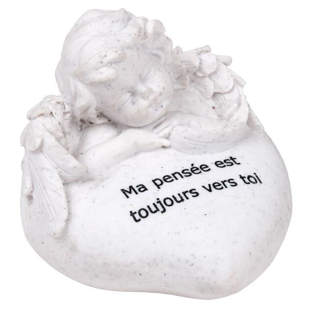 Statuette ange et coeur funéraire avec inscription pensée
