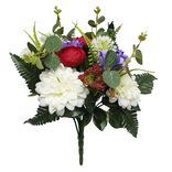 Fleur artificielle piquet dalhia/cam&eacute;lia/eucalyptus rouge blanc violet 23 t&ecirc;tes