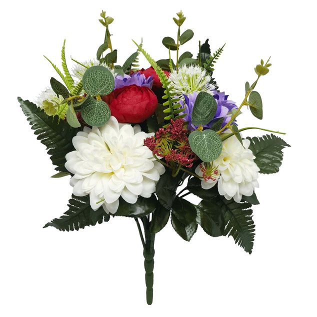 Fleur artificielle piquet dalhia/cam&eacute;lia/eucalyptus rouge blanc violet 23 t&ecirc;tes