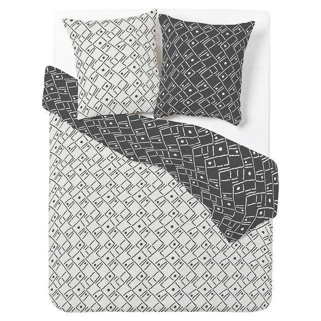 Parure de lit 2 personnes 200x200cm r&eacute;versible motif azt&egrave;que noir et blanc