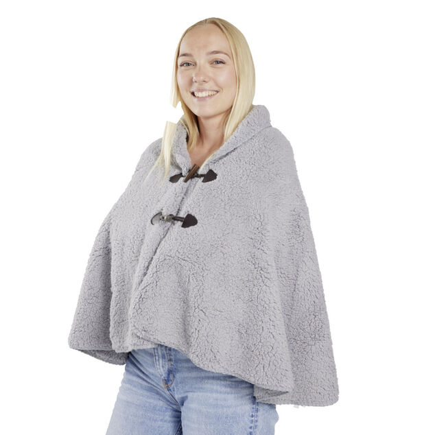 Veste plaid châle moutonné gris 75x150cm avec boutons à brandebourg