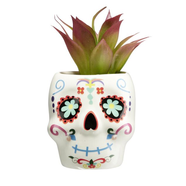 Plante verte artificielle Halloween Calavera pot c&eacute;ramique blanc &Oslash;8xH12cm (2 mod&egrave;les)