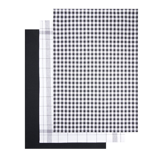 Lot de 3 torchons rectangulaires 50x70cm 100% coton blanc et noir
