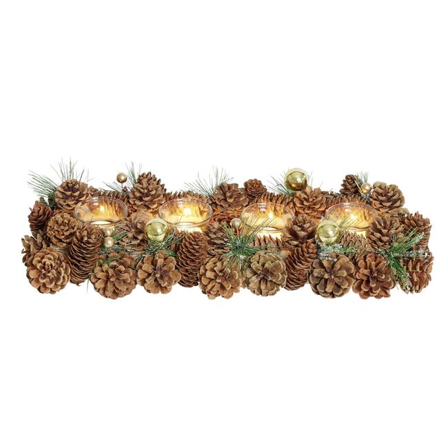 Centre de table de No&euml;l 4 photophores pommes de pin bois L47,5X17,5XH9,5 cm