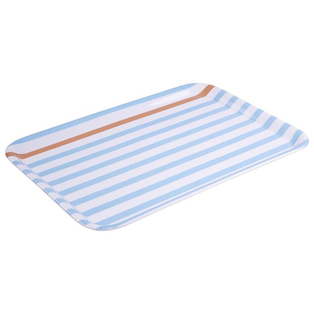 Plateau rectangulaire ray&eacute; bleu blanc liser&eacute; orange plastique 45x31cm