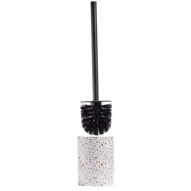 Brosse WC socle rond gr&egrave;s terrazzo blanc bleu marron &Oslash;9,2xH36cm