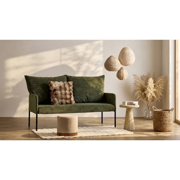 Pouf Noa bouclette &eacute;cru et bois &Oslash;32xH32cm