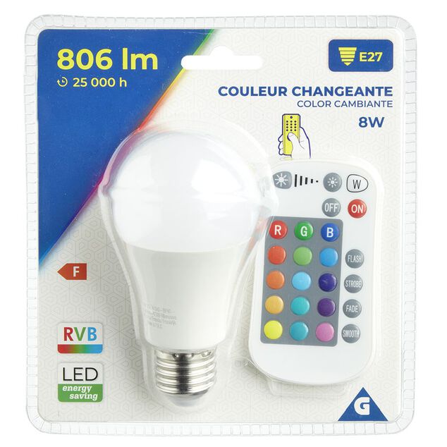 Ampoule LED E27 A60 couleurs changeantes avec télécommande 806lms