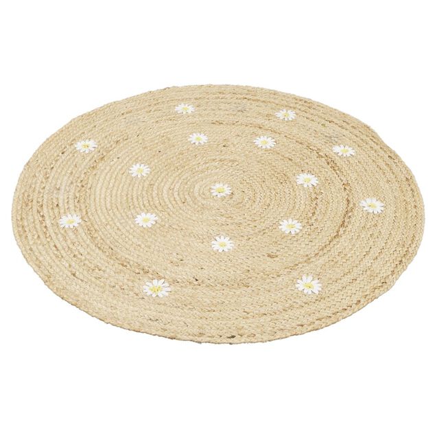 Tapis en jute &Oslash;90cm motif marguerites
