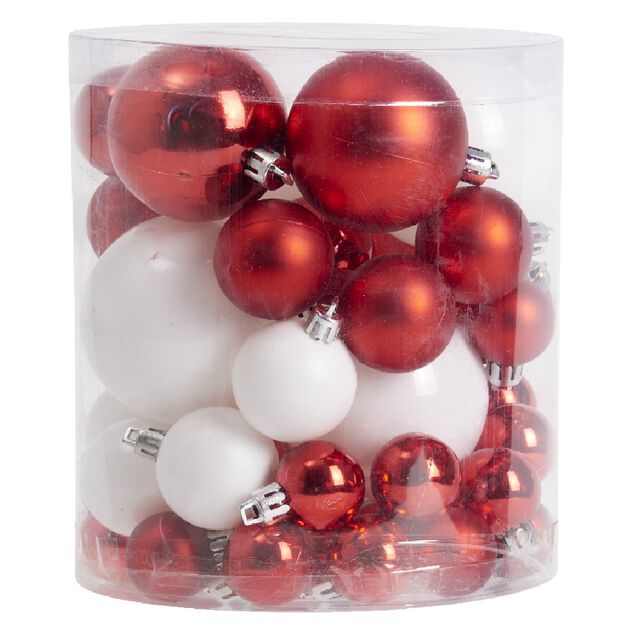 Lot boule de No&euml;l X50 diff&eacute;rentes tailles rouge et blanc